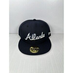 New Era 59FIFTY Atlanta City Script Baseball Fitted Hat Navy Blue Chrome Size 8